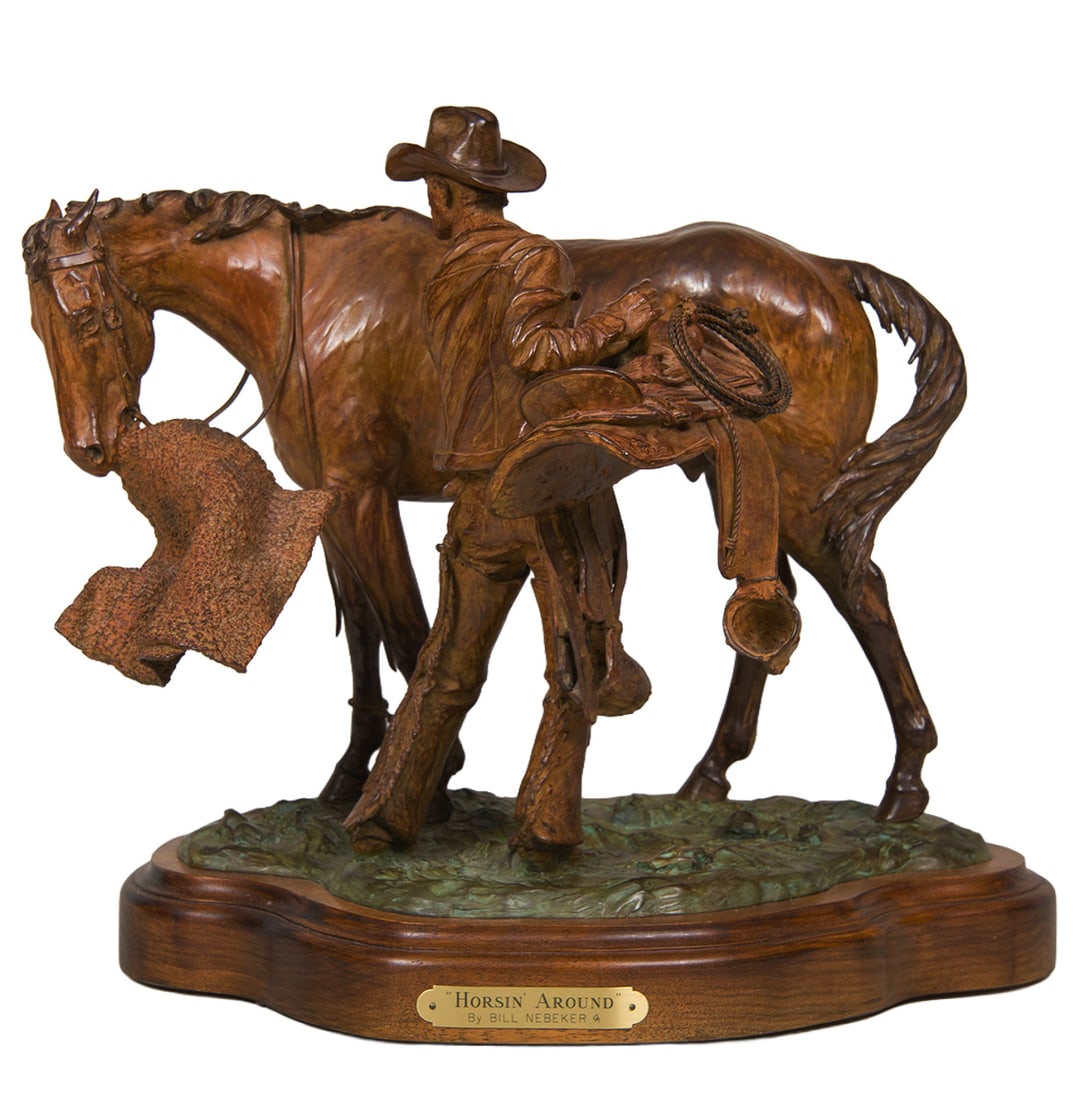 Bill Nebeker, "Horsin' Around": Bill Nebeker (b. 1942), "Horsin' Around", Bronze, cast 1/30, 14 inches overall height, Shipping Dimensions: 14 x 16 x 12.5 inches - 31 lbs. Signed/CA and dated 2003