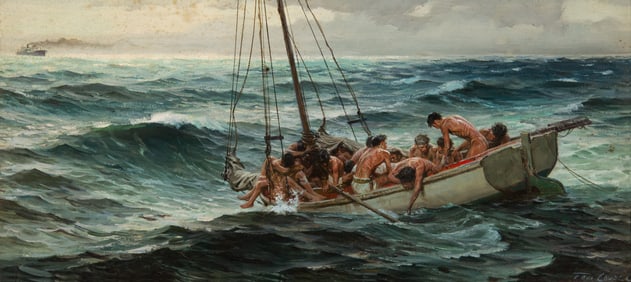 Tom Lovell, "Untitled (Men in sailboat)"