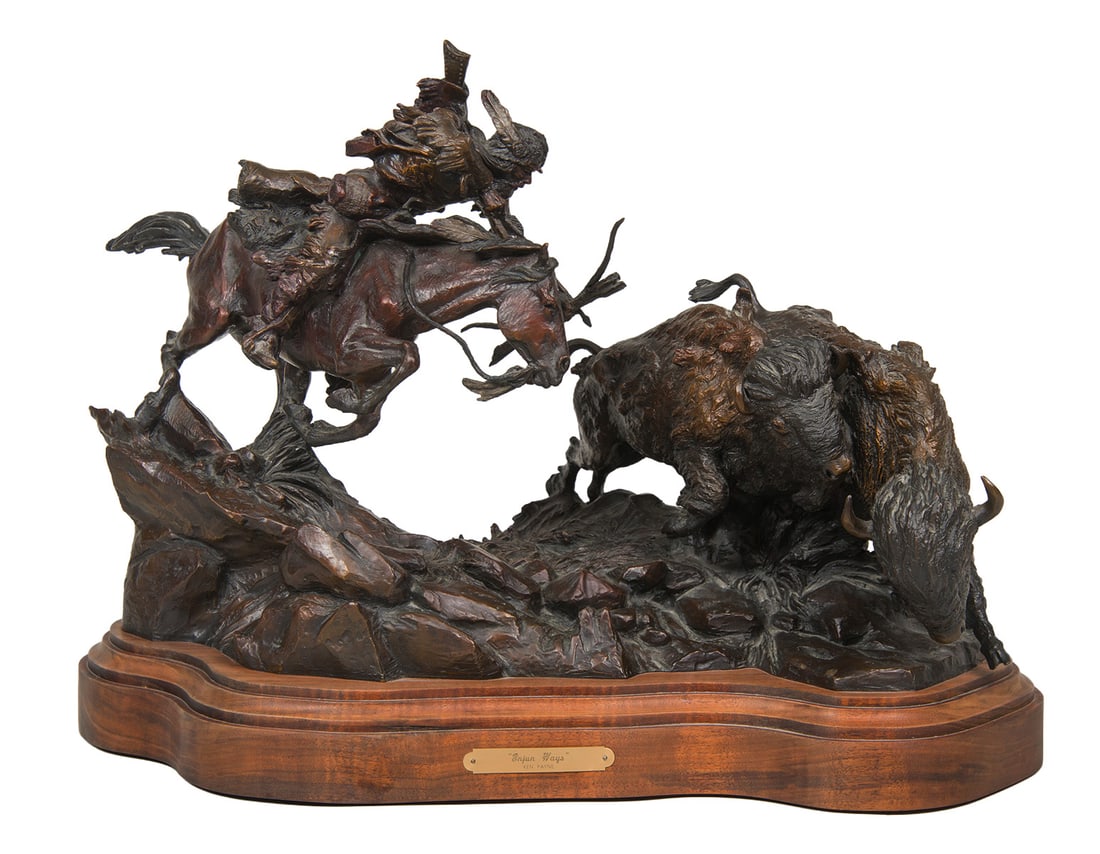 Ken Payne, "Injun Ways": Ken Payne (1938-2012), "Injun Ways", Bronze, cast 19/45, 19 inches overall height, Shipping Dimensions: 19 x 28.5 x 16 inches - 86 lbs. Signed and dated 90 Accompanied by: Provenance