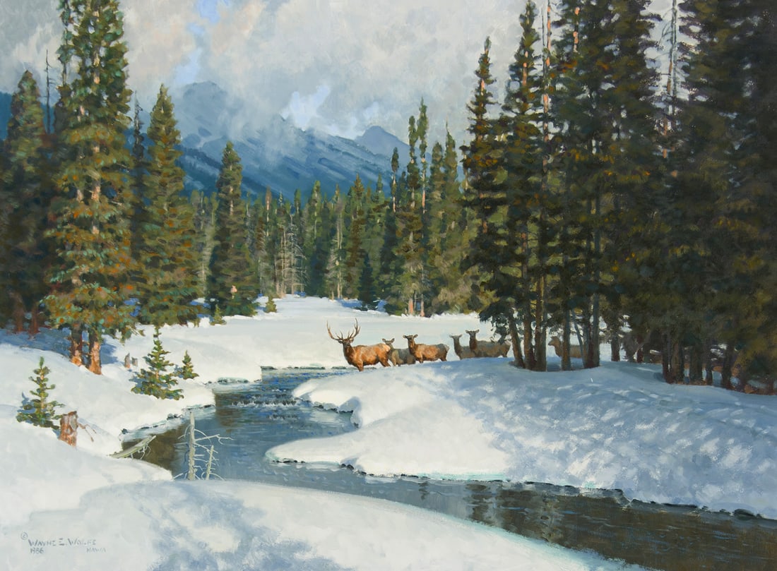 Wayne Wolfe, "In the Northern Wilds": Wayne Wolfe (b. 1944), "In the Northern Wilds", Oil on board, 24 x 32 inches, Shipping Dimensions: 32 x 40 x 3 inches Signed/NAWA and dated 1986 lower Left
