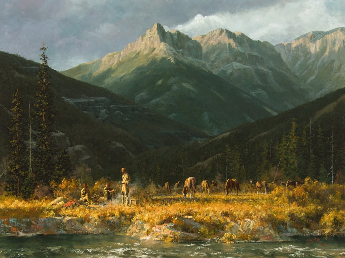 Jim Rey, "Encamped in the San Juans": Jim Rey (b. 1939), "Encamped in the San Juans", Oil on canvas, 30 x 40 inches, Shipping Dimensions: 37 x 47 x 3 inches Signed and dated 81 lower right