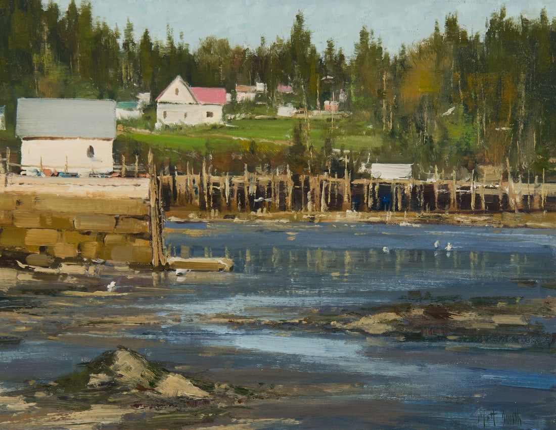 Matt Smith, "Low Tide - Stonington, Maine": Matt Smith (b. 1960), "Low Tide - Stonington, Maine", Oil on board, 14 x 18 inches, Shipping Dimensions: 18.5 x 22.5 x 3 inches Signed lower right Signed, titled, and dated 2002 verso