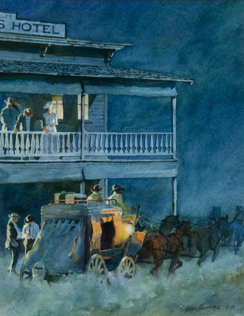 David Halbach, "Last Stage From Patagonia": David Halbach (1931-2022), "Last Stage From Patagonia", Watercolor, 9 1/2 x 12 inches, Shipping Dimensions: 22 x 19 x 3 inches Signed/CA and dated 88 lower right Signed/CA and titled verso
