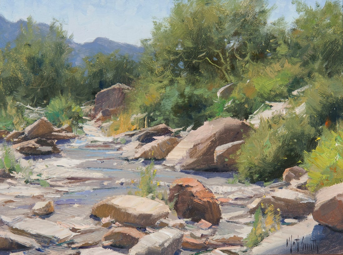 Matt Smith, "Peralta Creek": Matt Smith (b. 1960), "Peralta Creek", Oil on board, 9 x 12 inches, Shipping Dimensions: 13 x 16 x 3 inches Signed lower right Signed and titled verso