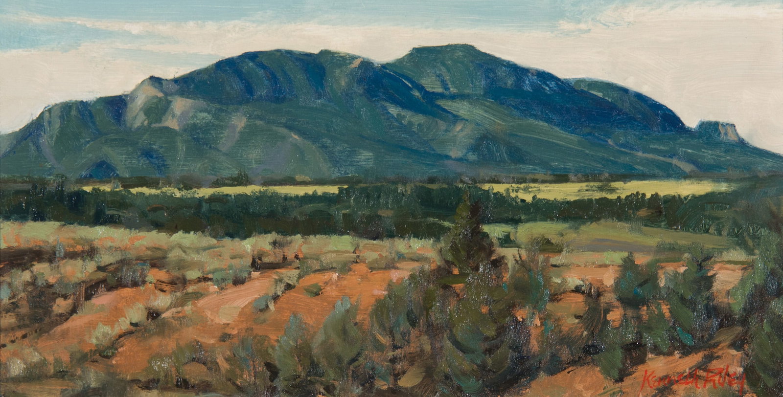 Kenneth Riley, "Mancos, Colo": Kenneth Riley (1919-2015), "Mancos, Colo", Oil on board, 6 1/2 x 12 inches, Shipping Dimensions: 14 x 19 x 3 inches Signed lower right Signed, titled, and dated verso
