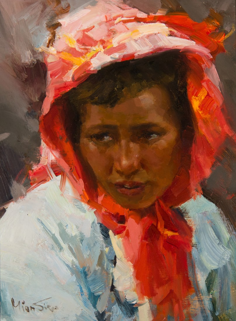Mian Situ, "The Red Scarf": Mian Situ (b. 1953), "The Red Scarf", Oil on canvas, 12 x 9 inches, Shipping Dimensions: 20 x 17 x 3 inches Signed lower left Signed verso