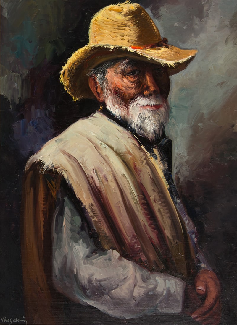 Jose Vives-Atsara, "El Abuelo": Jose Vives-Atsara (1919-2004), "El Abuelo", Oil on board, 30 x 24 inches, Shipping Dimensions: 38 x 31 x 3 inches Signed lower left Signed, titled, and dated 63 verso