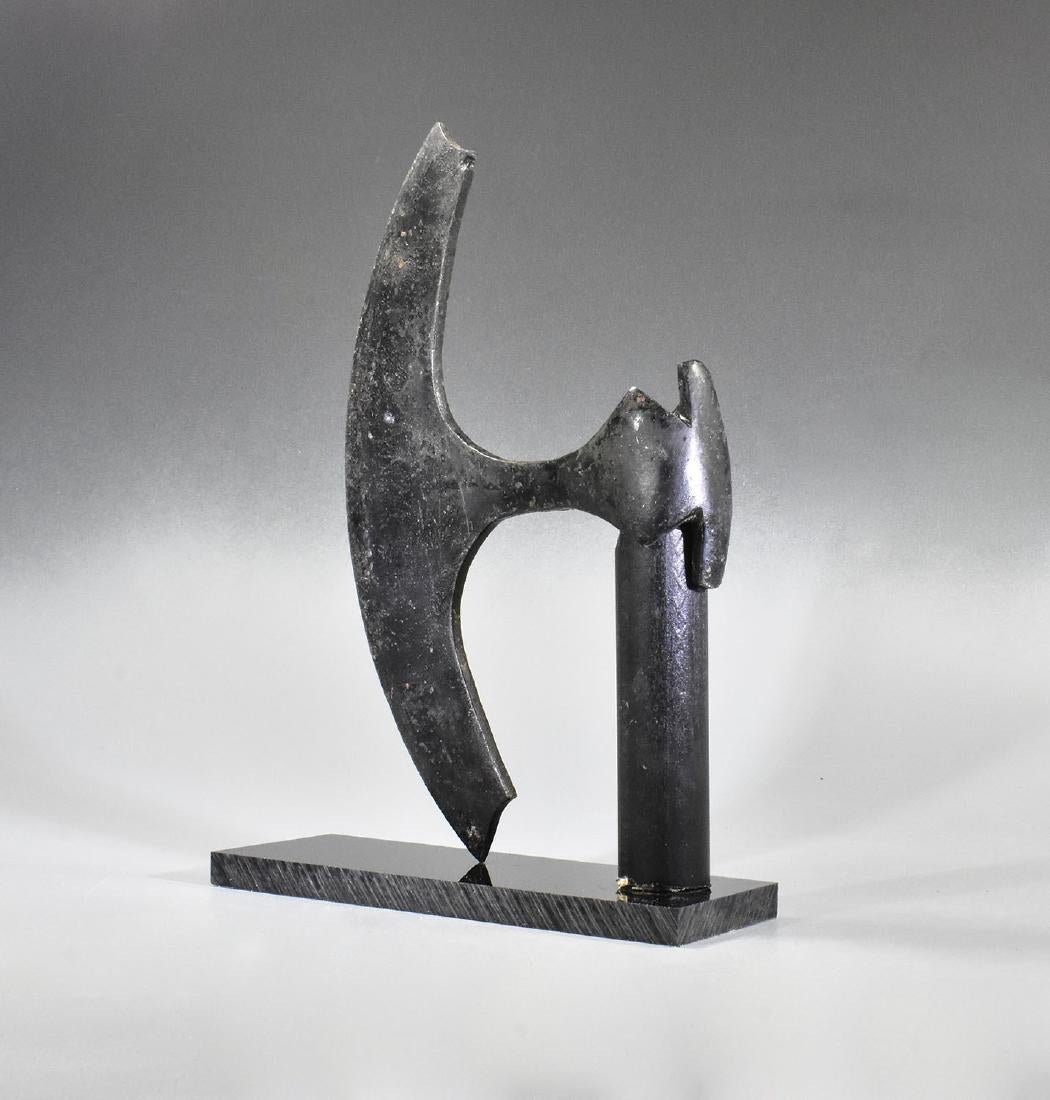 VIKING DANISH IRON BATTLE AXEHEAD: Ca. 900 AD. Rare iron Danish axe head with broad curved blade, socket with spurs to each edge; including a custom-made stand Expertly cleaned and conserved to museum quality. Lit. Arbman, H. Birka I: 