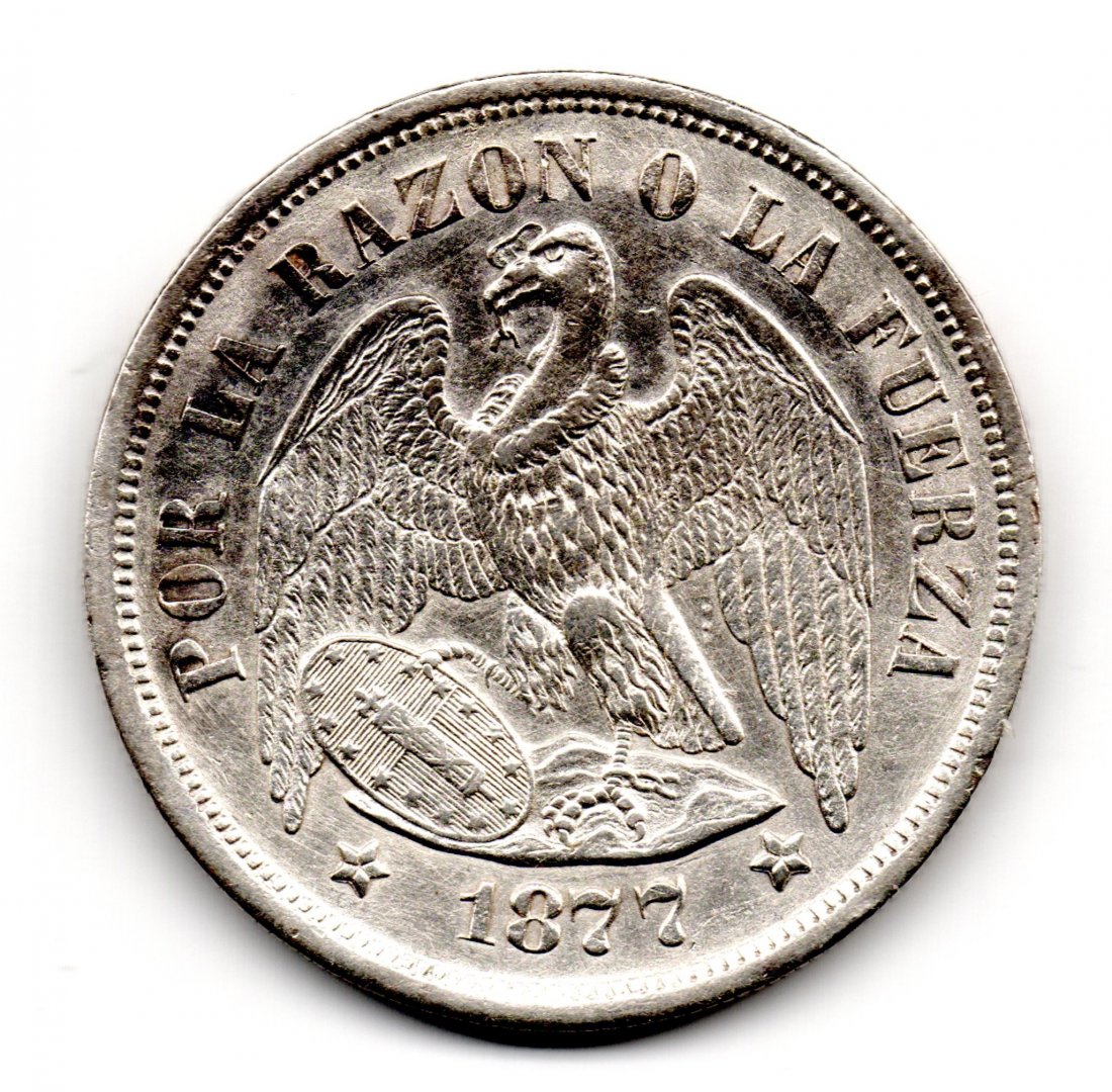 Chile 1 Peso 1877 So Santiago Condor Silver: Chile 1 Peso 1877 So Santiago Condor 0.900 Silver, cleaned