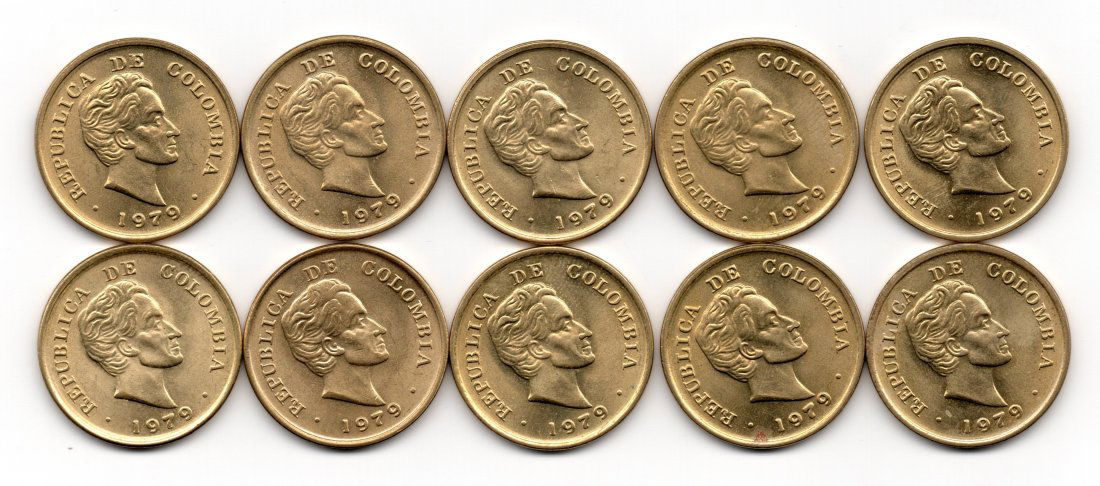 Colombia Lot of 10 Coins: 25 Centavos 1979 Scarce (1 of 2)