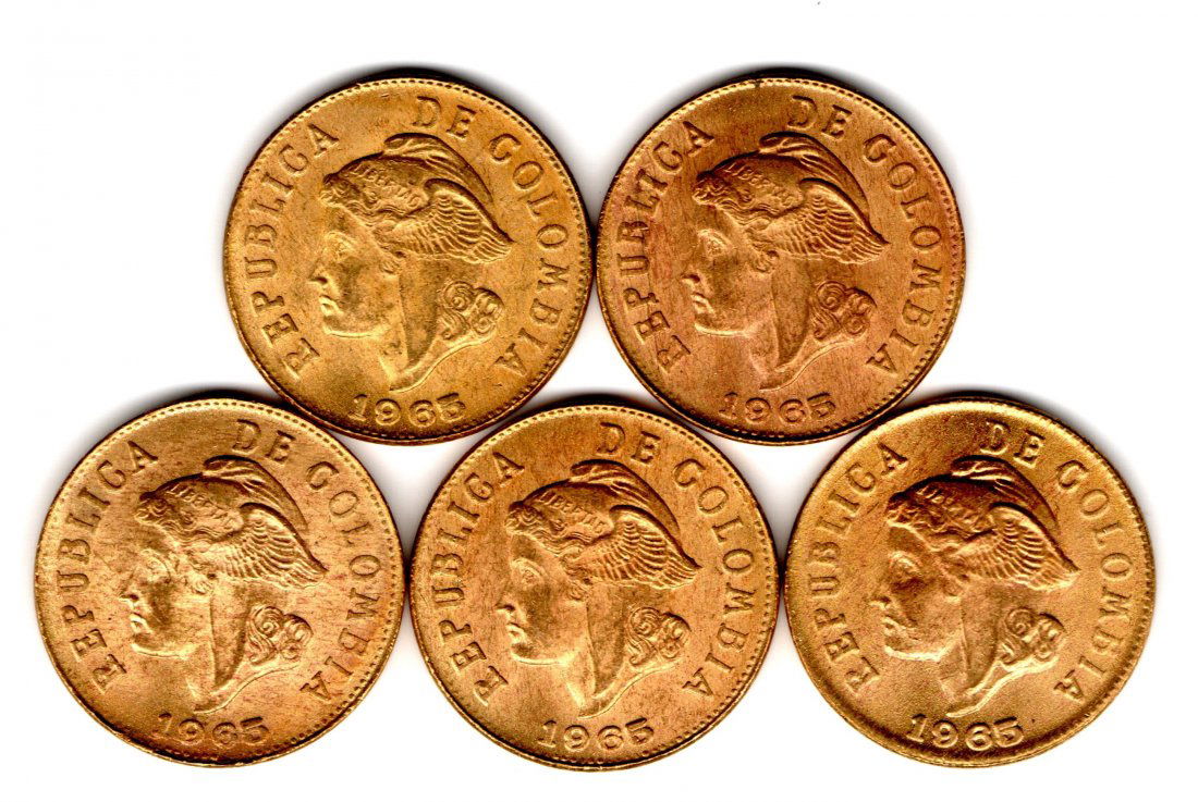 Colombia Lot of 5 Coins: 2 Centavos 1965 Mercury UNC (1 of 2)