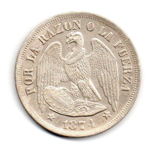 Chile 1 Peso 1874 So Santiago Condor Silver (1 of 2)