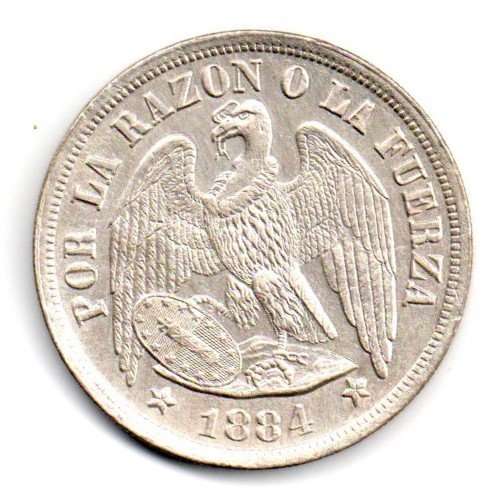 Chile 1 Peso 1884 So Santiago Condor Silver: Chile 1 Peso 1884 So Santiago Condor 0.900 Silver