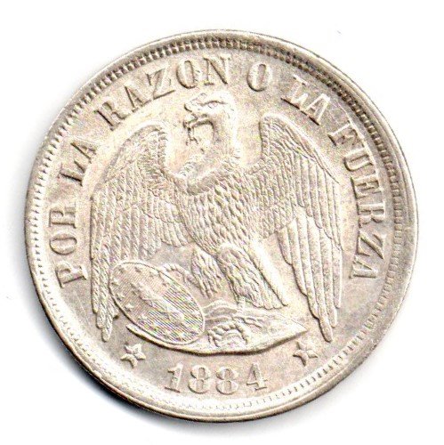 Chile 1 Peso 1884 So Santiago Condor Silver: Chile 1 Peso 1884 So Santiago Condor 0.900 Silver