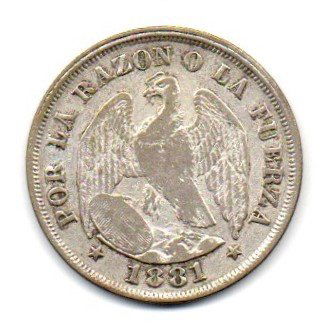 Chile 20 Centavos 1881 So Santiago Condor Silver (1 of 2)