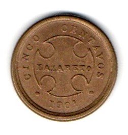 Colombia LAZARETO 5 Centavos 1901 UNC Rare (1 of 2)
