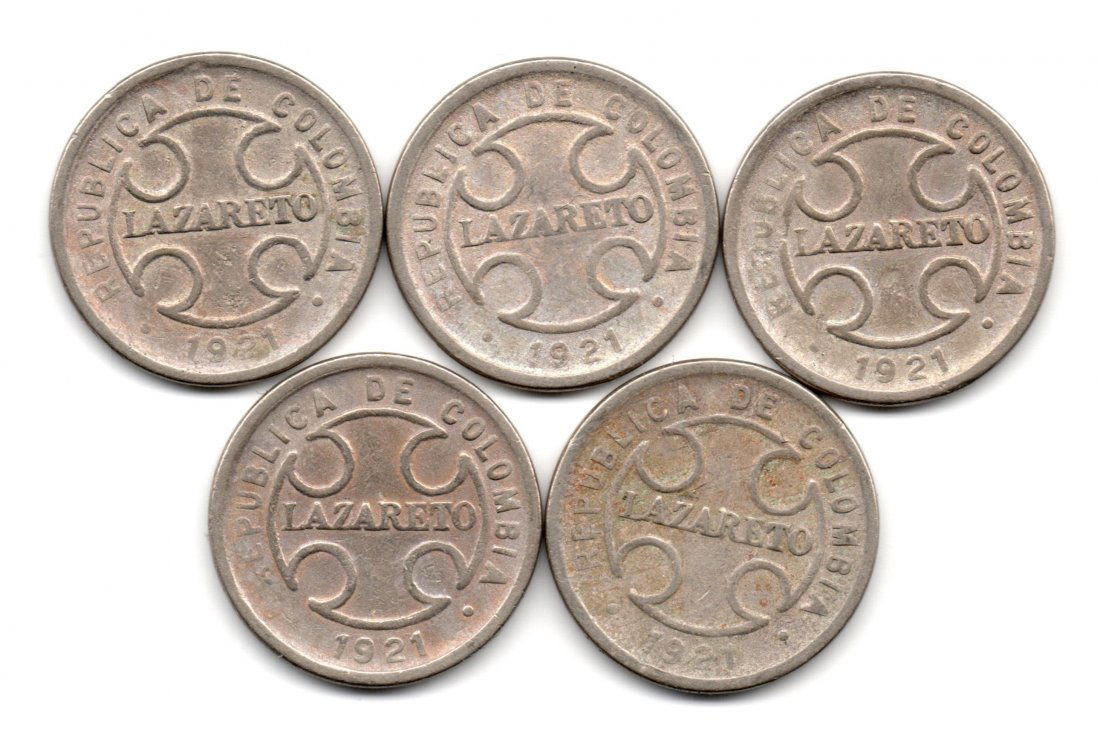 Colombia LAZARETO Group of 5: 2 Centavos 1921 (1 of 2)