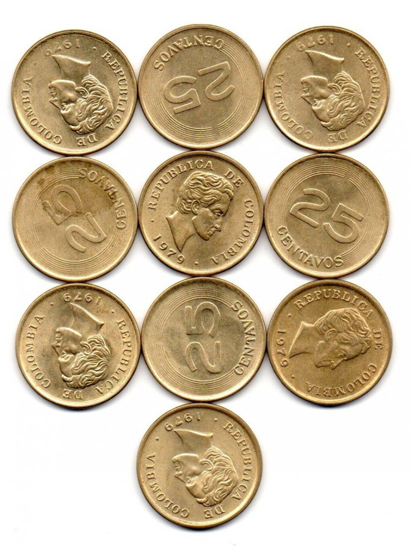 Colombia Lot of 10 Coins: 25 Centavos 1979 Scarce (1 of 2)