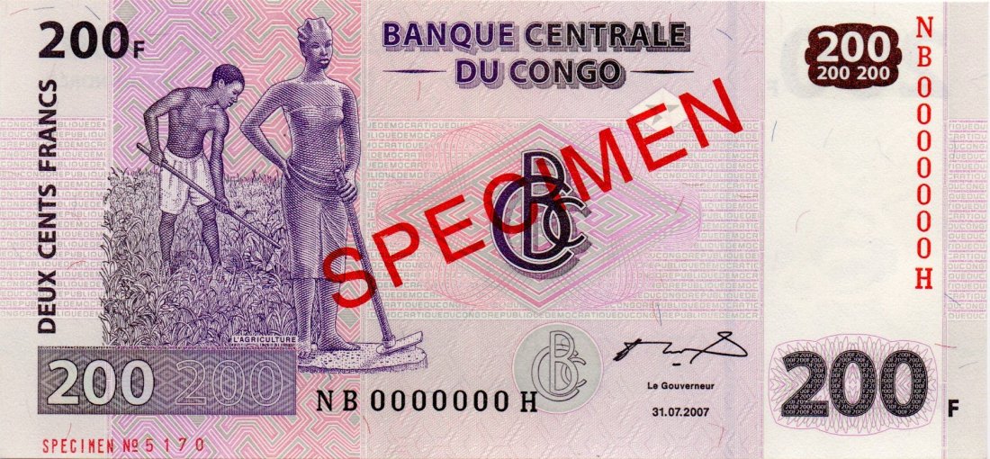 Congo 200 Francs 2007 SPECIMEN (1 of 2)