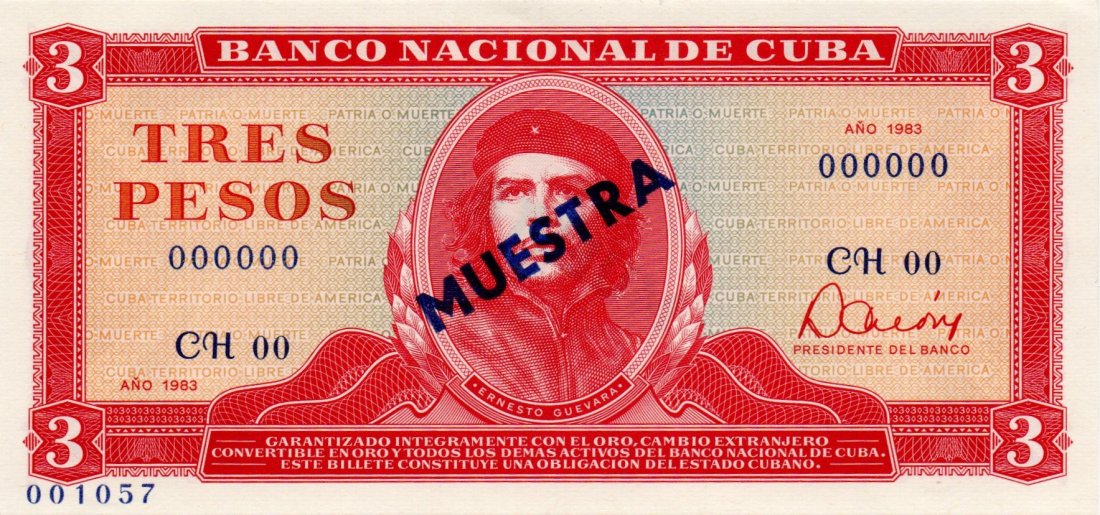 Cuba 3 Pesos 1983 SPECIMEN with CHE GUEVARA: Cuba 3 Pesos 1983 SPECIMEN with CHE GUEVARA, Nr. 1057, First Banknote in the world to portray Che Guevara