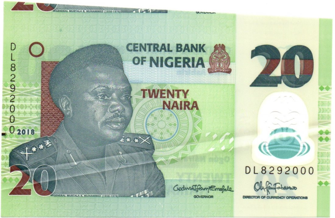 Nigeria 20 Naira 2018 Polimer ERROR Miscut: Nigeria 20 Naira 2018 Polimer ERROR Miscut, upper cut off center, scarce