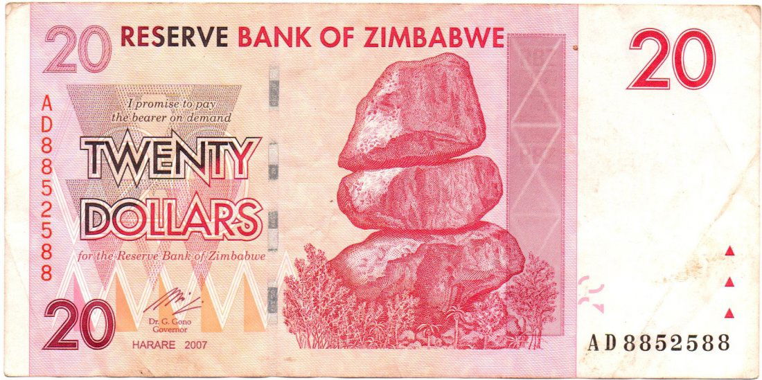 Zimbabwe $20 Dollars 2007 RADAR Serial Number (1 of 2)