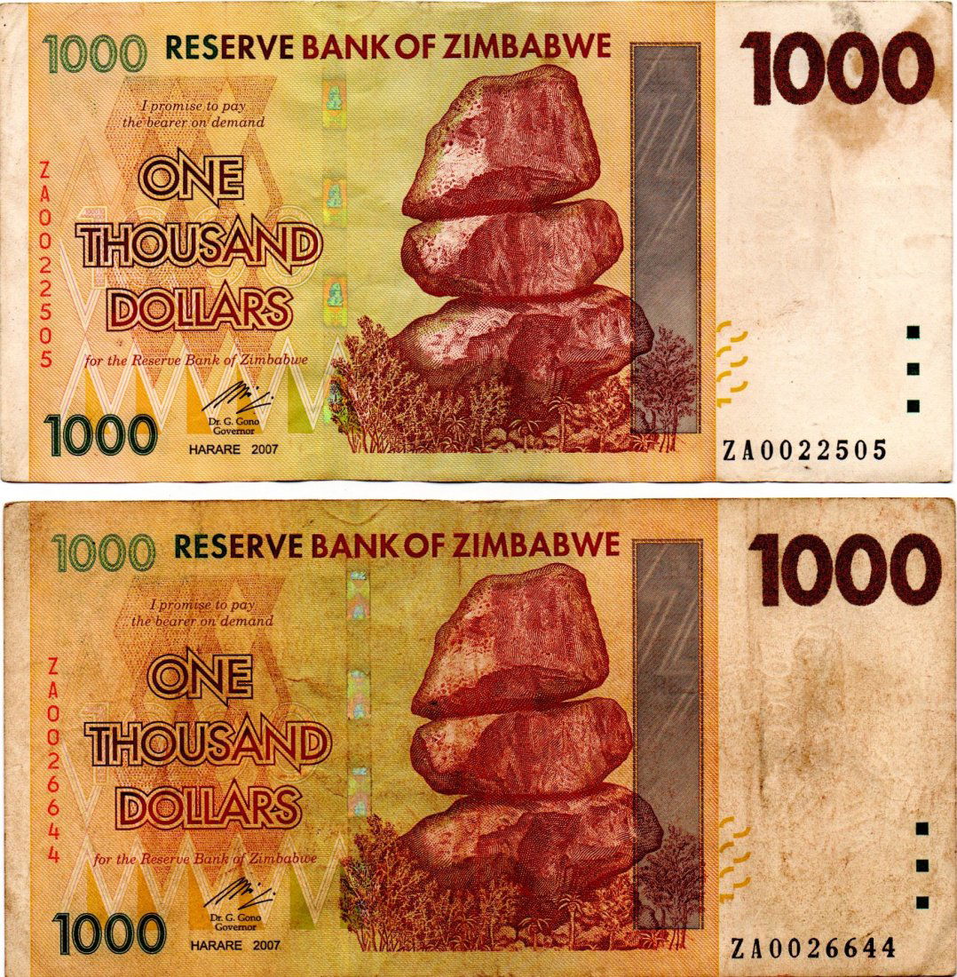 Zimbabwe Lot: 2 REPLACEMENTS $1000 Dollars 2007 (1 of 2)