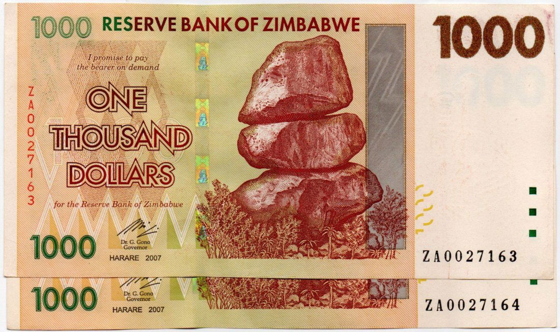 Zimbabwe Pair of REPLACEMENTS $1000 Dollars 2007 (1 of 2)