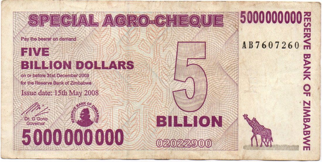 Zimbabwe $5 Dollars Error Uncentered Serial (1 of 2)