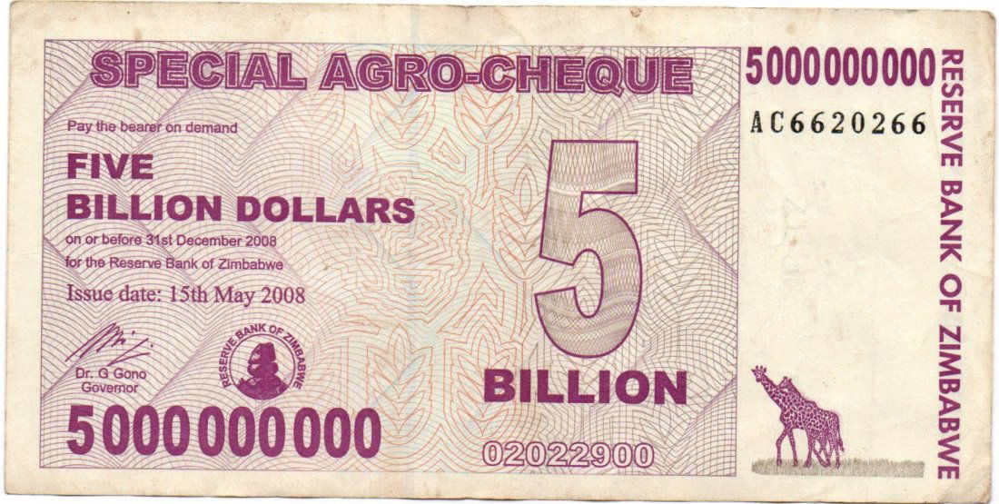 Zimbabwe $5 Dollars 2008 Radar Serial (1 of 2)