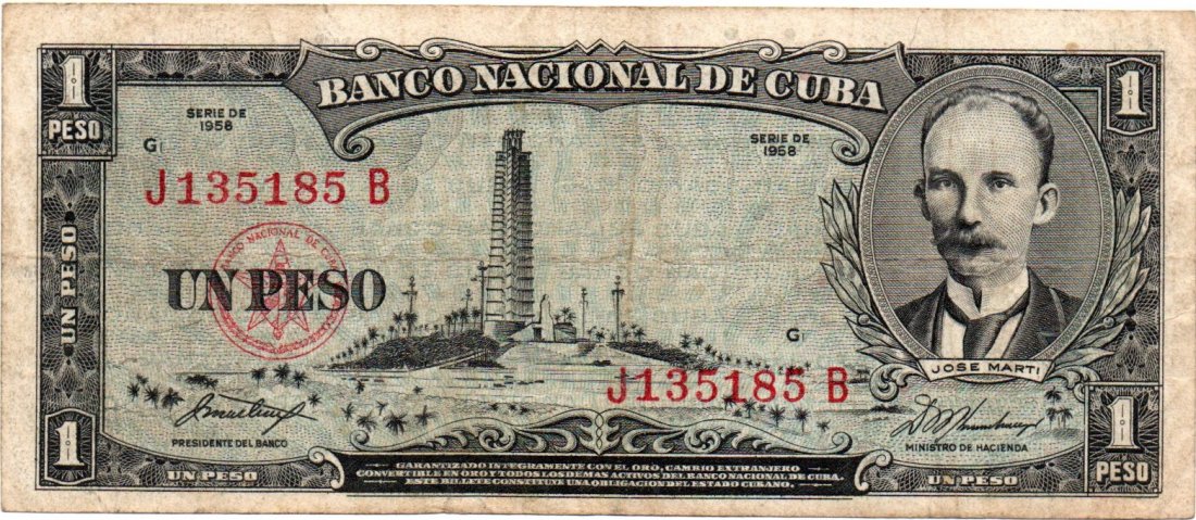 Cuba 1 Peso 1958 Banco Nacional: Cuba 1 Peso 1958 Banco Nacional, small green type, scarce