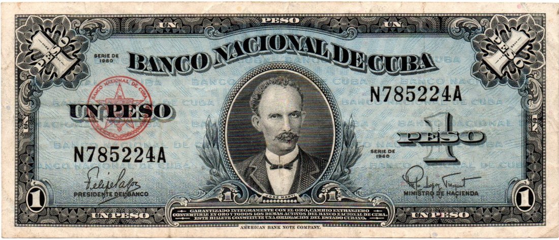 Cuba 1 Peso 1960 Banco Nacional: Cuba 1 Peso 1960 Banco Nacional, Blue Large Type