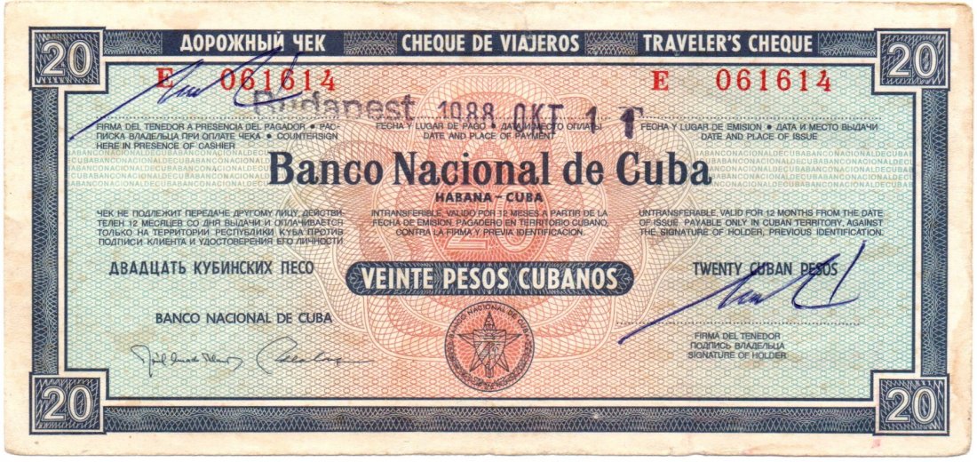 Cuba 20 Pesos 1988 Travelers Check: Cuba 20 Pesos 1988 Travelers Check, Budapest, Oct 11 1988
