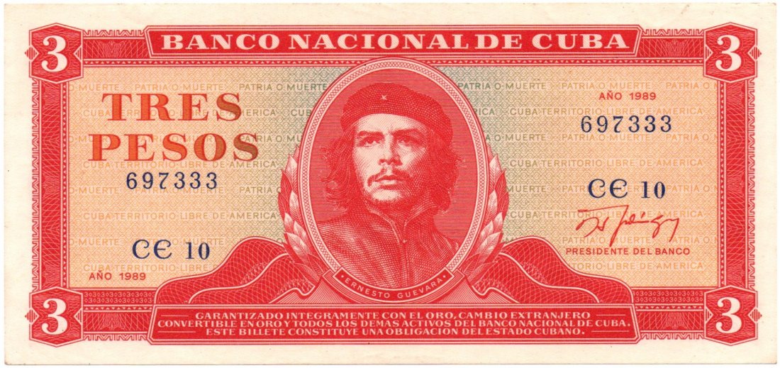 Cuba 3 Pesos 1989 Banco Nacional: Cuba 3 Pesos 1989 Banco Nacional, portrait of Che