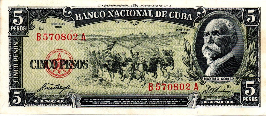 Cuba 5 Pesos 1958 Banco Nacional: Cuba 5 Pesos 1958 Banco Nacional, small green type, scarce