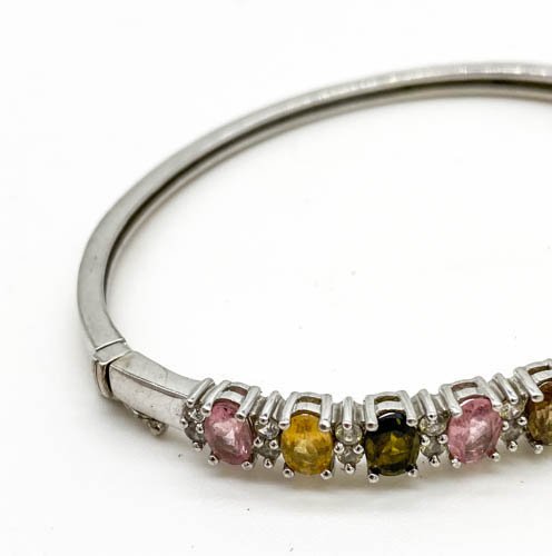 Multi-Colored Gemstone Bangle Bracelet in Sterling: Multi-Colored Gemstone Bangle Bracelet in Sterling Silver - 13.48 g
