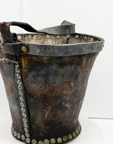 English Antique Leather & Copper riveted Fireman: English Antique Leather & Copper riveted Fireman's Bucket Size: 10 1/2" Tall x 11 1/2" Wide x 10" Deep