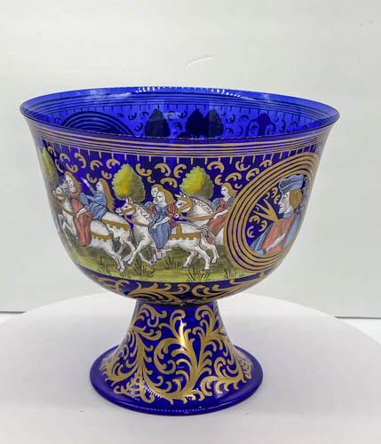 Buccellati Hand Painted Glass Cobalt Bowl: Superb Buccellati Hand Painted Glass Cobalt Compote