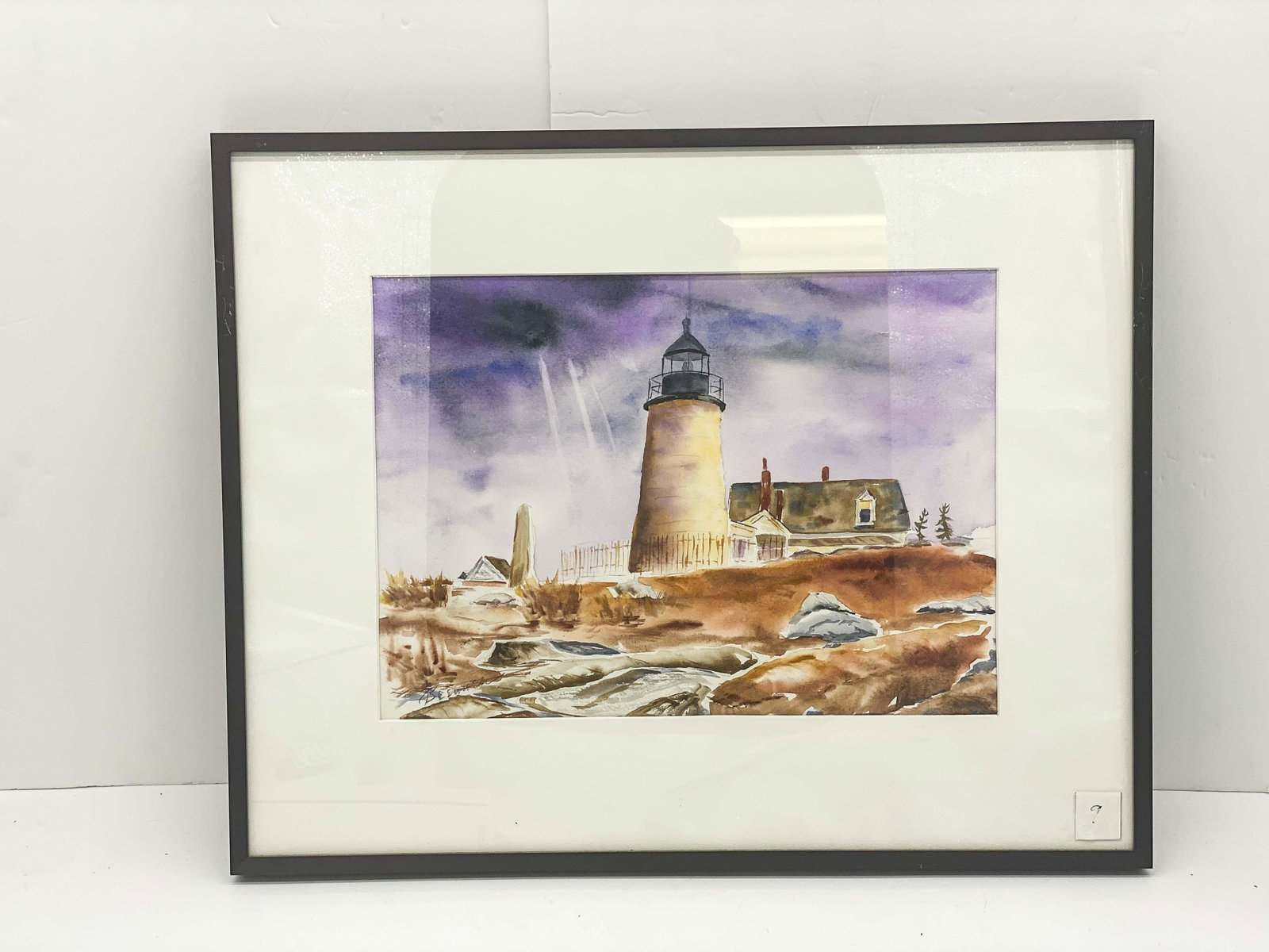 Original Watercolor By Maine artist Frank J Brenner: Framed Original Watercolor Lighthouse.