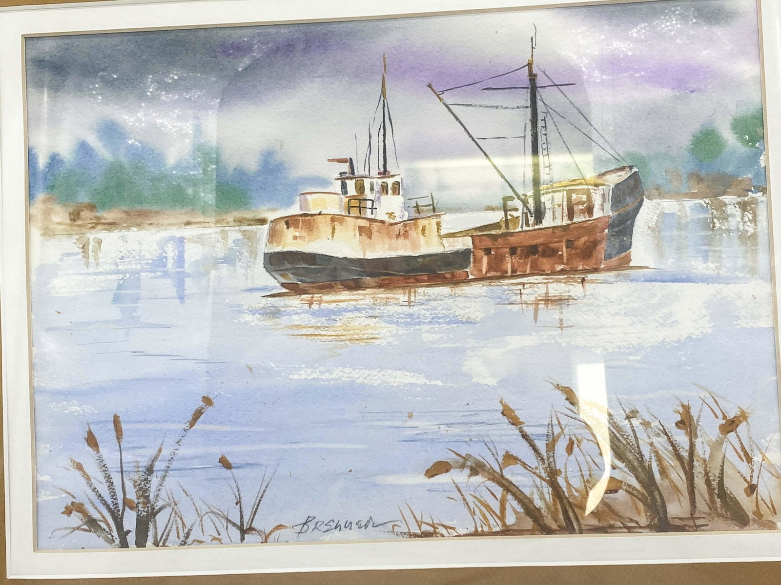 Original Watercolor By Maine Artist Frank J Brenner: Framed Original Watercolor of Working Boat. Excellent condition.