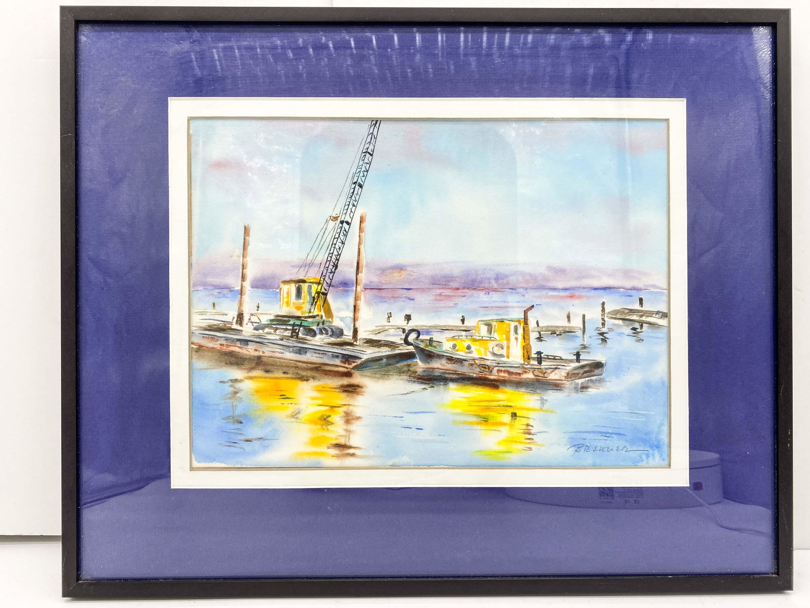 Original Watercolor By Maine Artist Frank J Brenner: Framed Original Watercolor Crane & Tugboat. Good condition. Some fading along left side edge.