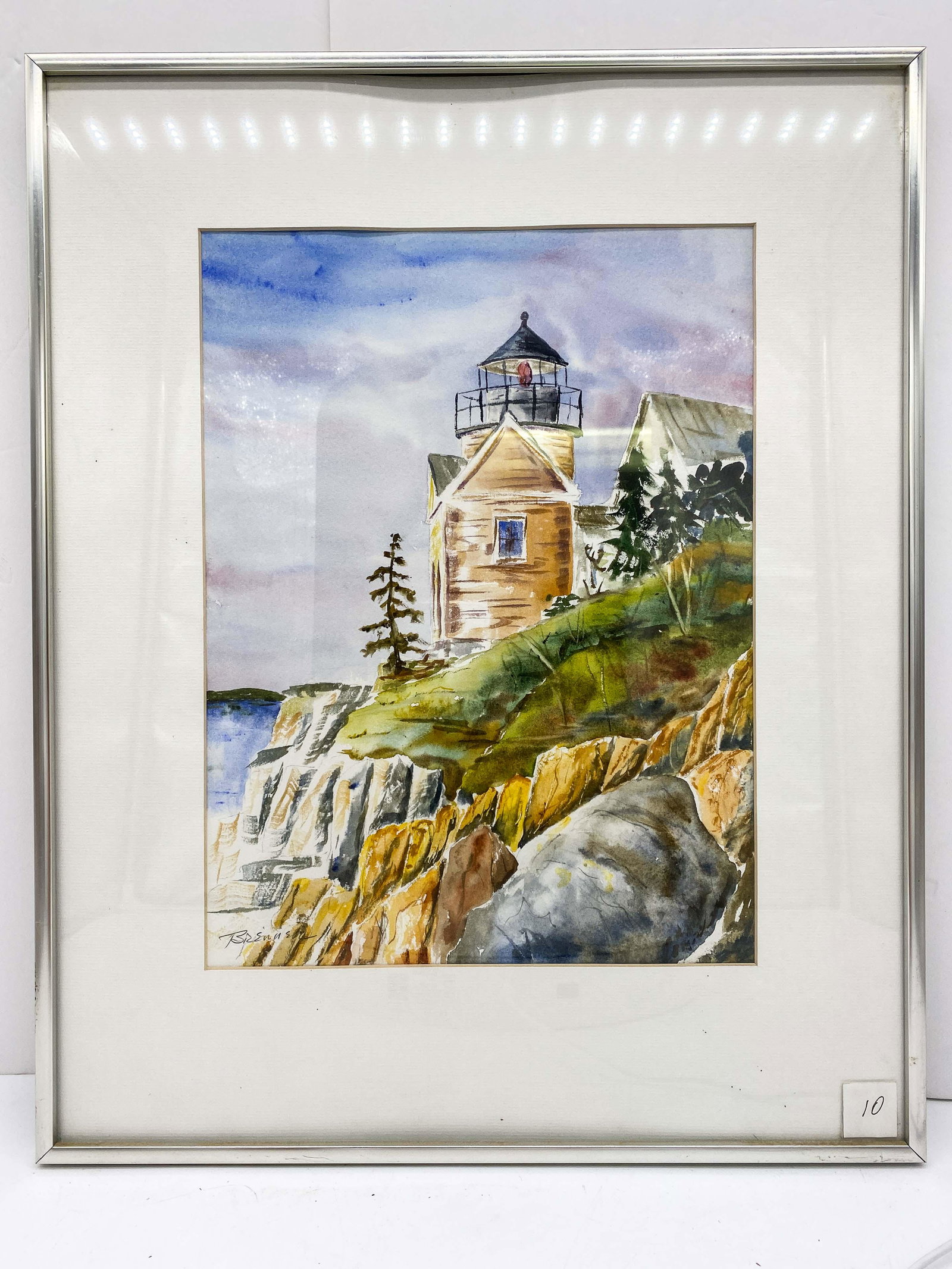 Original Watercolor By Maine artist Frank J Brenner: Framed Original Watercolor "Bass Harbor Light" No noted damage.