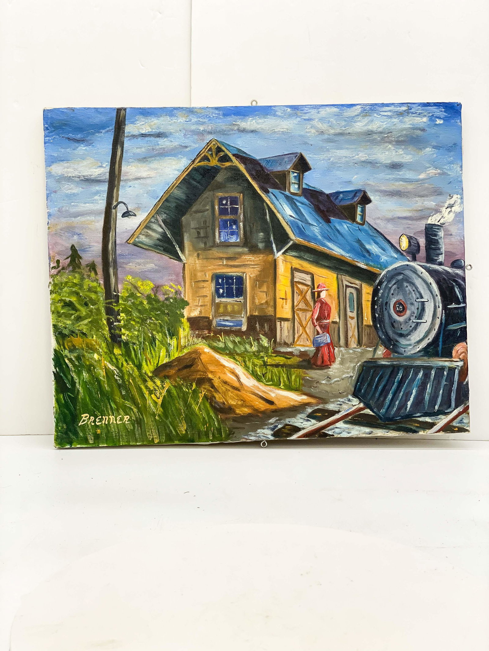 Original Unframed OOC Maine Artist Frank J Brenner: Unframed Oil On Canvas. Woman at Train Station. Excellent condition.