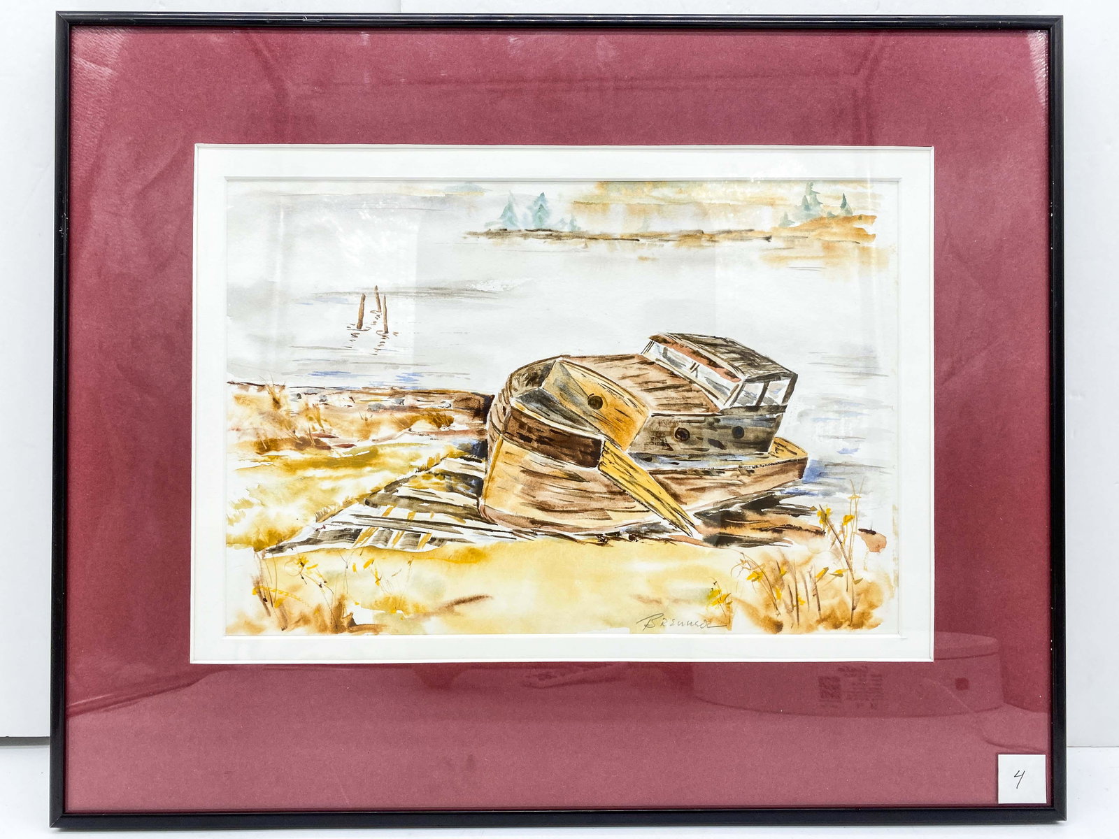 Original Watercolor By Maine Artist Frank J Brenner: Framed Original Watercolor. Ship Run Aground. Excellent condition. No noted damage.