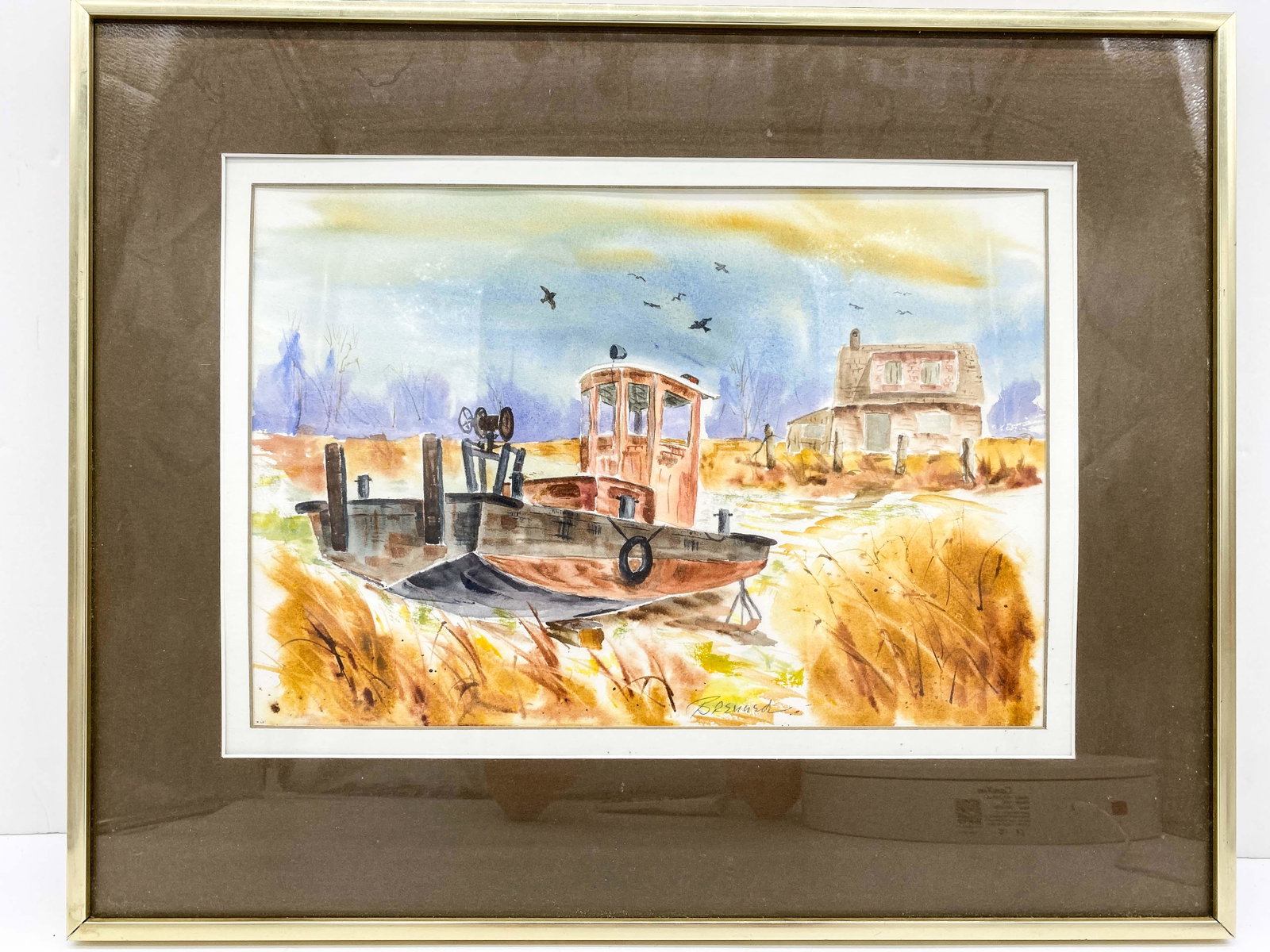 Original Watercolor By Maine Artist Frank J Brenner: Framed Original Watercolor of River Boat & House. Excellent condition. No noted damage
