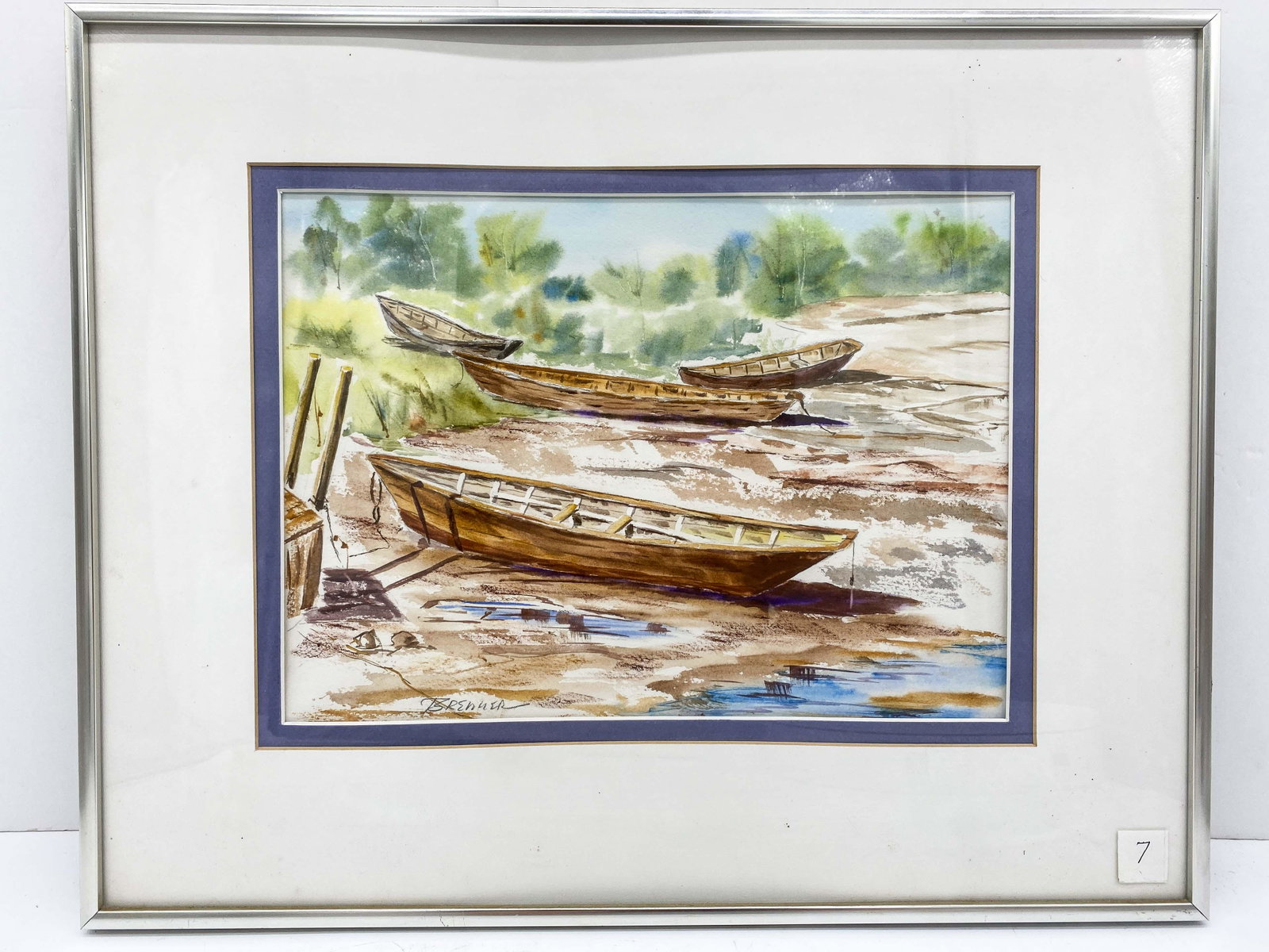 Original Watercolor By Maine artist Frank J Brenner: Framed Original Watercolor. Skiffs ashore. No damage to painting. Mild warping of frame/ border protecter.