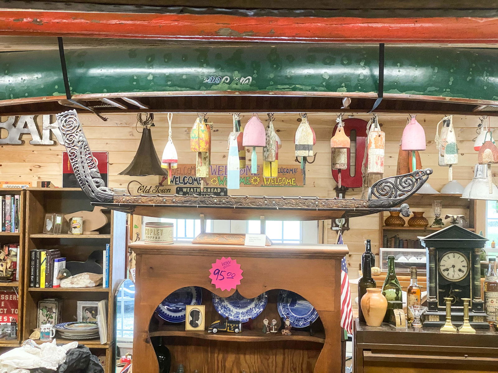 Maori War Canoe Ship Model: Incredibly detailed Maori War Canoe by Hemi of New Zealand. Beautiful detailing on very large boat and stand. Minor paint flaking. Very good condition.