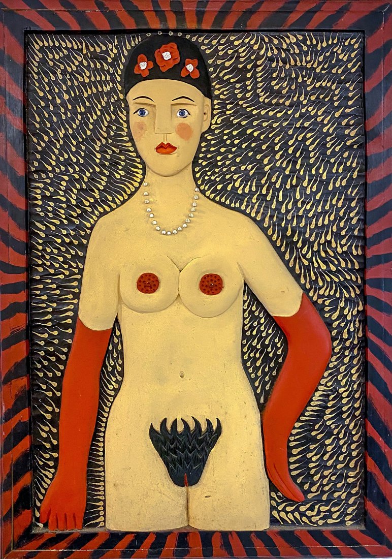 Stephen Huneck "Wet Dream": Unusually Large Erotic Painted Folk Art Carving Of Nude Woman w/Pearl Necklace Titled "Wet Dream" 1984. 39 Inches x 28 Inches x 1 Inch. in very good condition. This Is An Early Piece By Self-Taught Sc