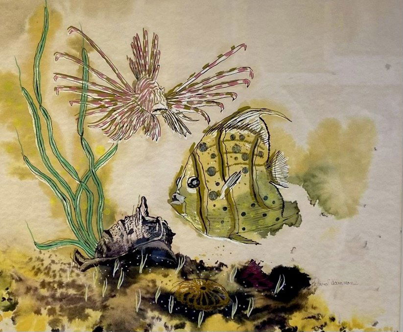 Framed Watercolor Attributed To David Hammons: David Hammons . watercolor. Signed . Watercolor Attributed To David Hammons , famed Contemporary American Artist. Post Modernism & Conceptual Artist. Colorful Fish Under Water. Possible student or ear