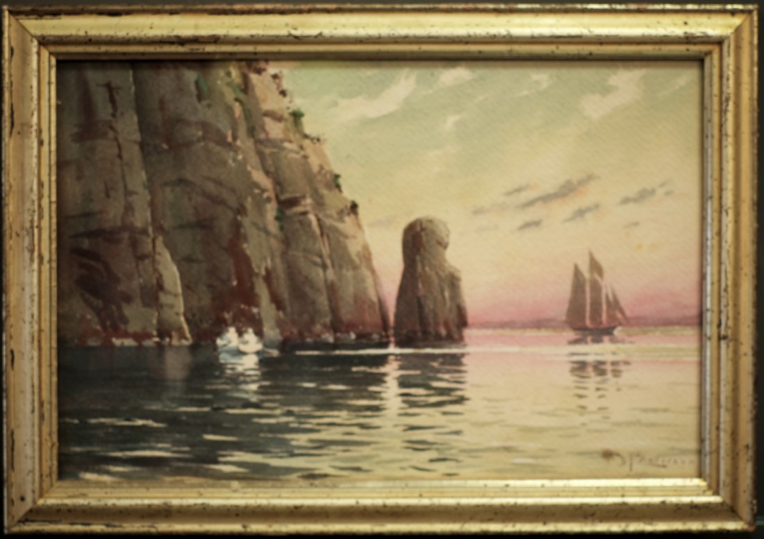 Dougal F Anderson Framed Watercolor Of Water Basin: Watercolor Of Ocean scene in Lemon Gold Frame . Cliff, Ocean And Schooner. By D.F. Anderson, A Gentle Maine Artist Much Loved By Maine's Down East Residents. 1854-1921. 12 x 16.75 inches in size. In g